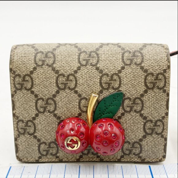 Gucci  GG Supreme Monogram Cherry Embellished Card Case Wallet Hibiscus Red - Picture 1 of 12